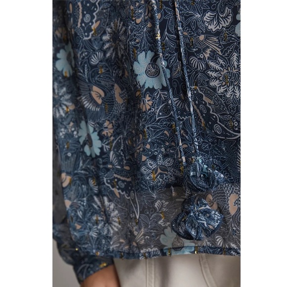 Anthropologie Let Me Be Blue Floral Sheer Chiffon Blouse M Puffed Sleeves Boho - Picture 11 of 14